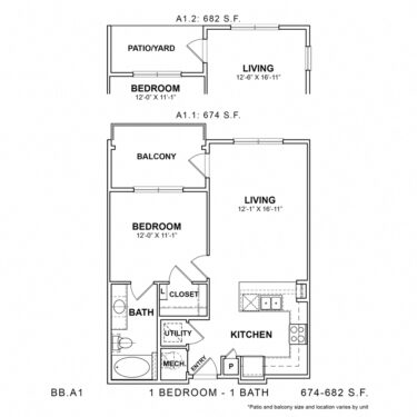 Rendering of the BB.A1 floor plan with 1 bedroom[s] and 1 bathroom[s] at 04-0464