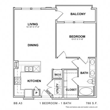 Rendering of the BB.A3 floor plan with 1 bedroom[s] and 1 bathroom[s] at 04-0464
