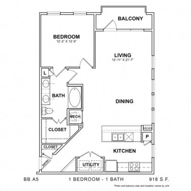 Rendering of the BB.A5 floor plan with 1 bedroom[s] and 1 bathroom[s] at 04-0464