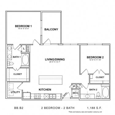 Rendering of the BB.B2 floor plan with 2 bedroom[s] and 2 bathroom[s] at 04-0464