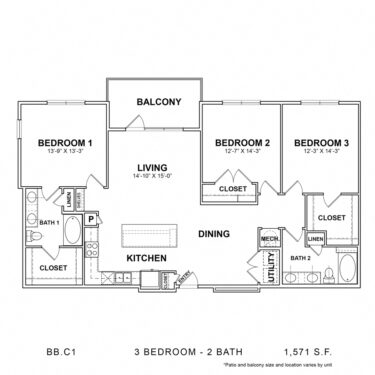 Rendering of the BB.C1 floor plan with 3 bedroom[s] and 2 bathroom[s] at 04-0464