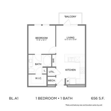 Rendering of the BL.A1 floor plan with 1 bedroom[s] and 1 bathroom[s] at 04-0464