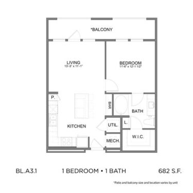 Rendering of the BL.A3.1 floor plan with 1 bedroom[s] and 1 bathroom[s] at 04-0464