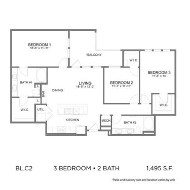 Rendering of the BL.C2 floor plan with 3 bedroom[s] and 2 bathroom[s] at 04-0464