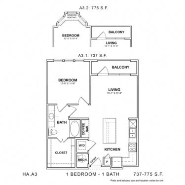 Rendering of the HA.A3 floor plan with 1 bedroom[s] and 1 bathroom[s] at 04-0464