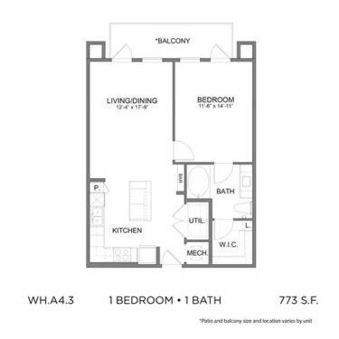 Rendering of the WH.A3 floor plan with 1 bedroom[s] and 1 bathroom[s] at 04-0464