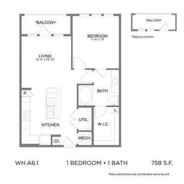 Rendering of the WH.A6.1 floor plan with 1 bedroom[s] and 1 bathroom[s] at 04-0464