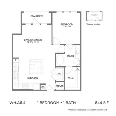 Rendering of the WH.A6.4 floor plan with 1 bedroom[s] and 1 bathroom[s] at 04-0464