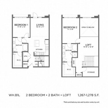 Rendering of the WH.B1L floor plan with 2 bedroom[s] and 2 bathroom[s] at 04-0464