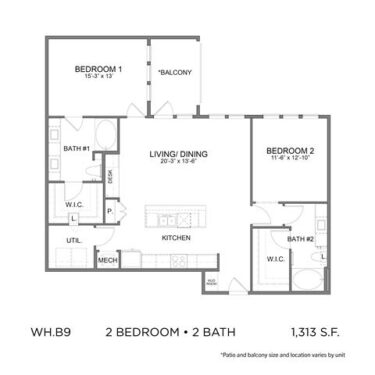 Rendering of the WH.B9 floor plan with 2 bedroom[s] and 2 bathroom[s] at 04-0464