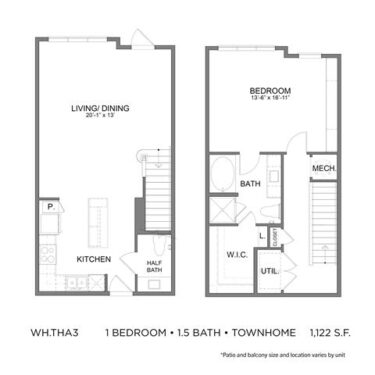 Rendering of the WH.THA3 floor plan with 1 bedroom[s] and 1.5 bathroom[s] at 04-0464