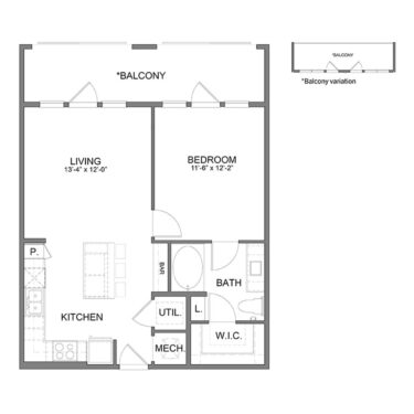 Rendering of the WH.A3 floor plan with 1 bedroom[s] and 1 bathroom[s] at Apartments at the Sound