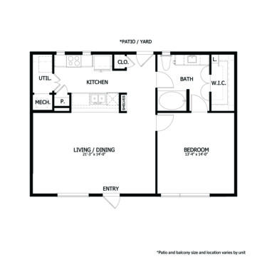 Rendering of the BLTA1 floor plan with 1 bedroom[s] and 1 bathroom[s] at Apartments at the Sound