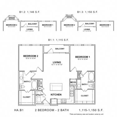 Rendering of the HA.B1 floor plan with 2 bedroom[s] and 2 bathroom[s] at Apartments at the Sound