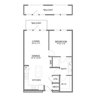 Rendering of the BL.A7 floor plan with 1 bedroom[s] and 1 bathroom[s] at Apartments at the Sound