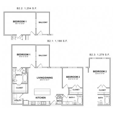 Rendering of the HA.B2 floor plan with 2 bedroom[s] and 2 bathroom[s] at Apartments at the Sound