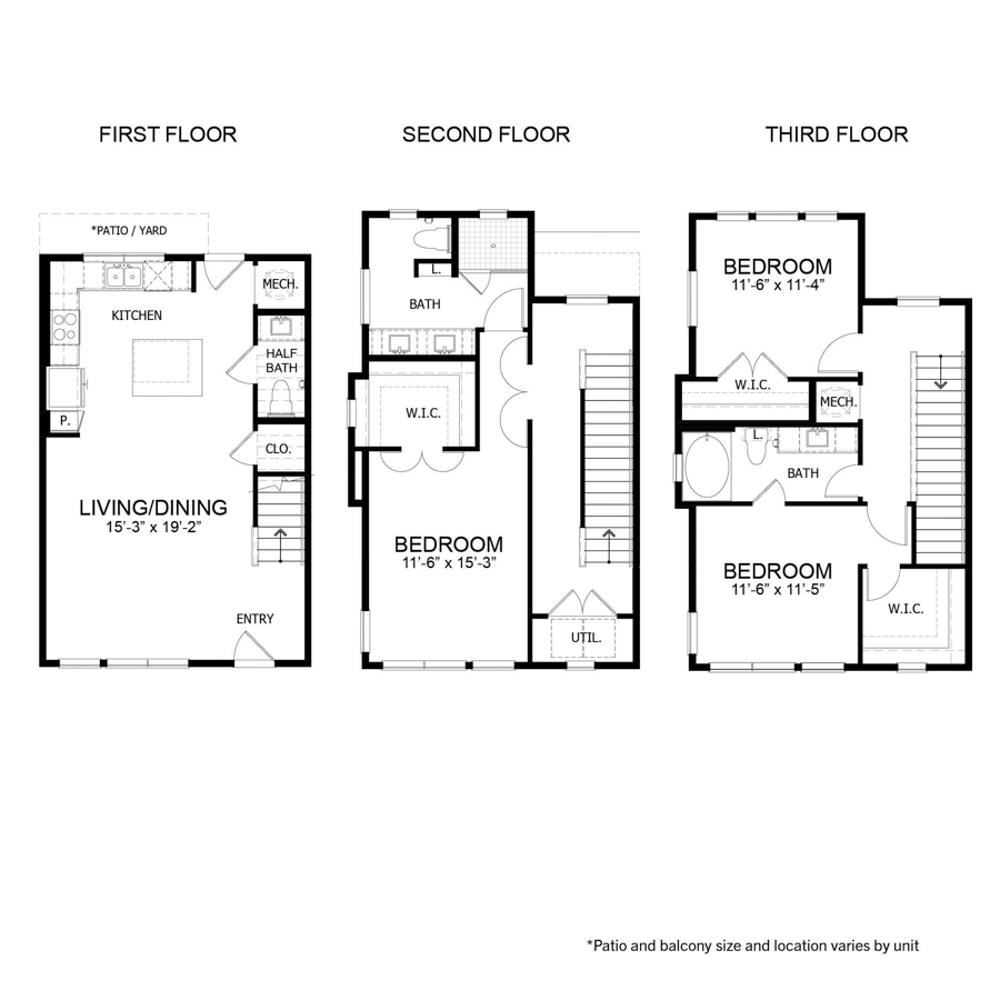 Rendering of the BLT.THC2 floor plan with 3 bedroom[s] and 2.5 bathroom[s] at Apartments at the Sound