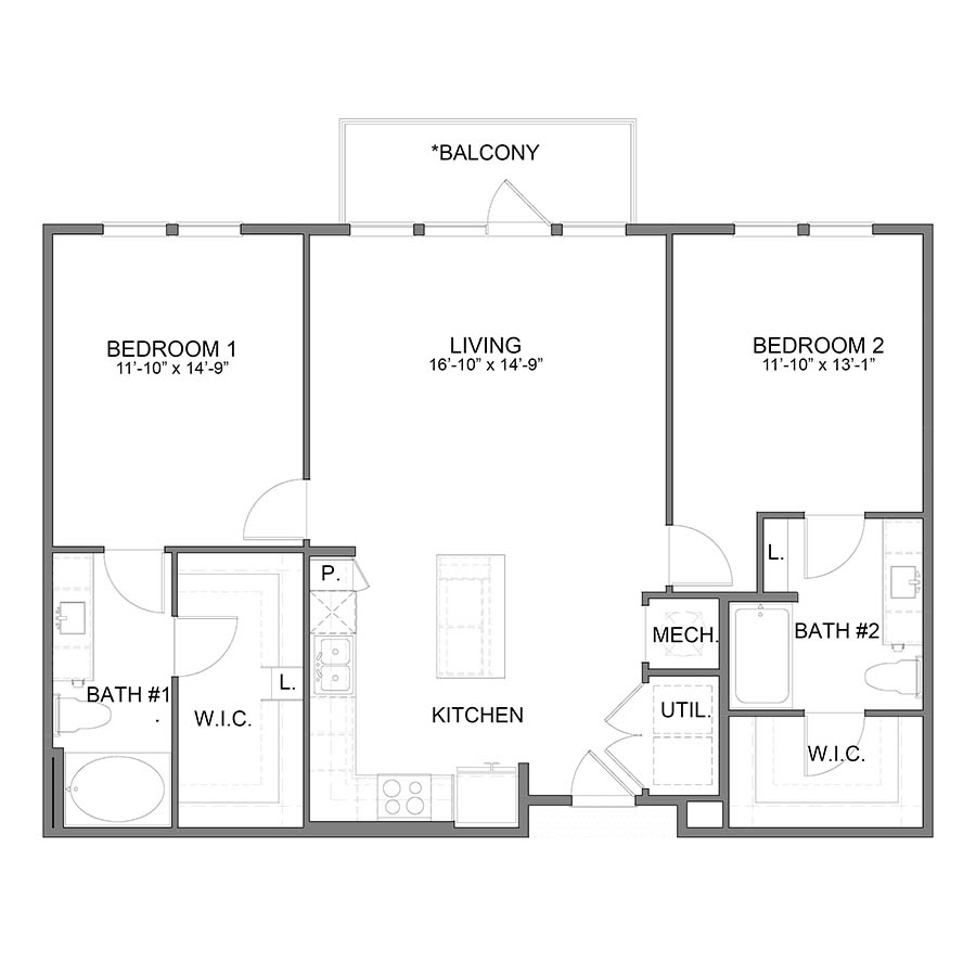 Rendering of the BL.B5 floor plan with 2 bedroom[s] and 2 bathroom[s] at Apartments at the Sound