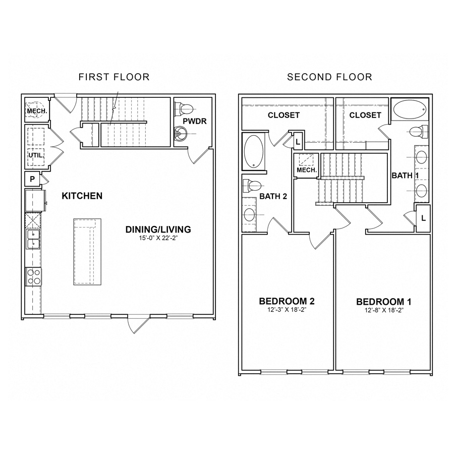 Rendering of the HA.THB1 floor plan with 2 bedroom[s] and 2 bathroom[s] at Apartments at the Sound