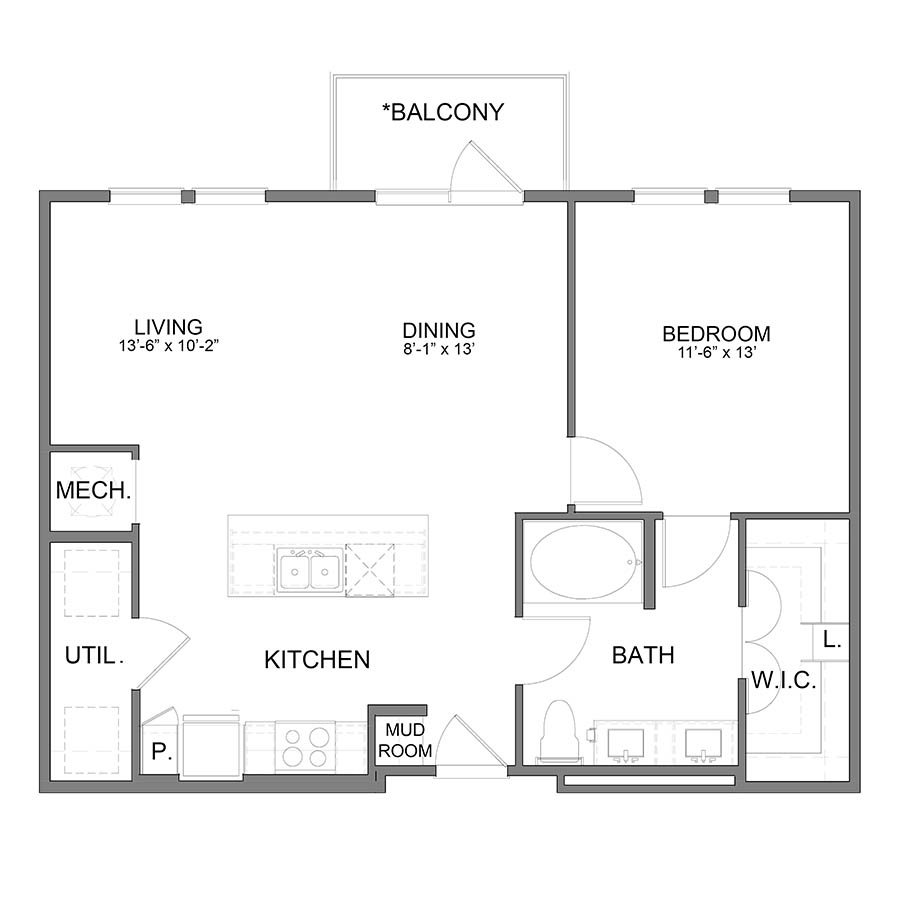 Rendering of the BL.A9 floor plan with 1 bedroom[s] and 1 bathroom[s] at Apartments at the Sound
