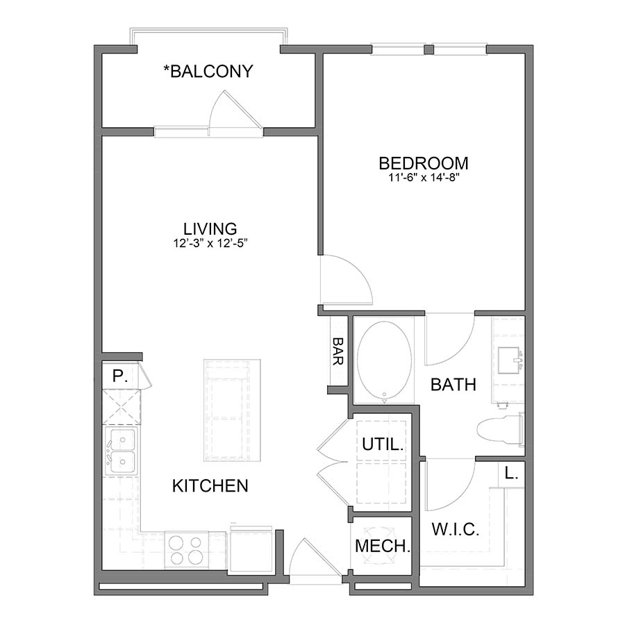 Rendering of the BL.A4 floor plan with 1 bedroom[s] and 1 bathroom[s] at Apartments at the Sound