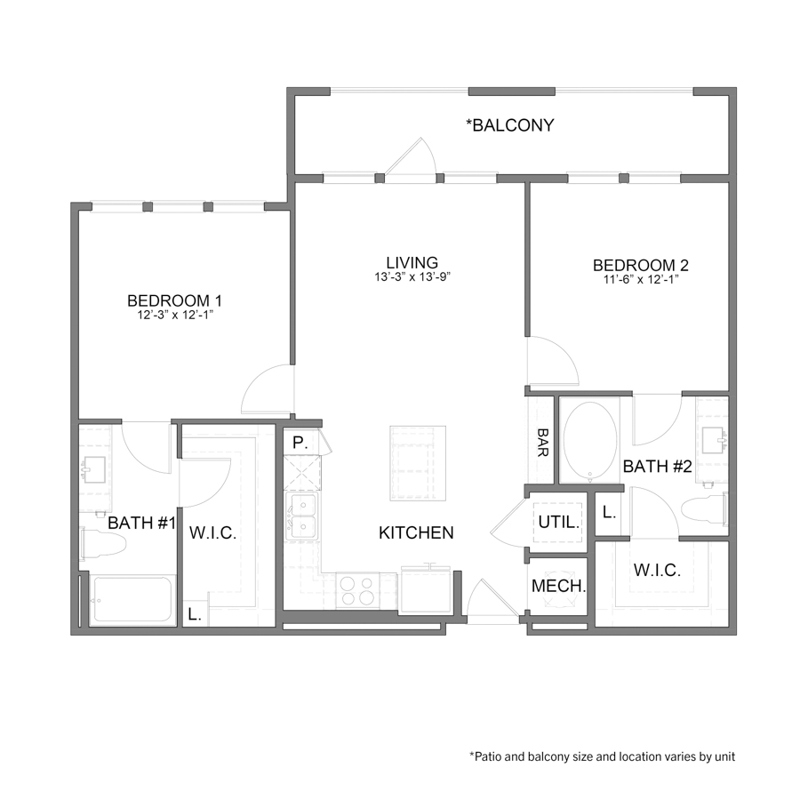 Rendering of the BL.B1 floor plan with 2 bedroom[s] and 2 bathroom[s] at Apartments at the Sound