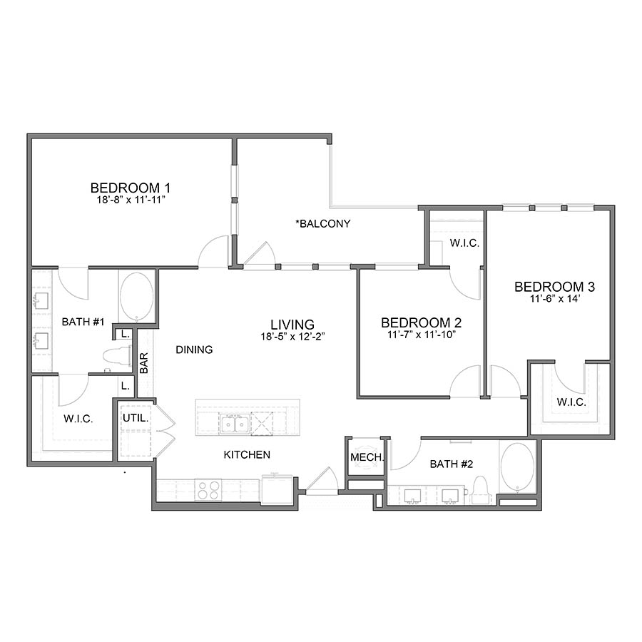 Rendering of the BL.C2 floor plan with 3 bedroom[s] and 2 bathroom[s] at Apartments at the Sound