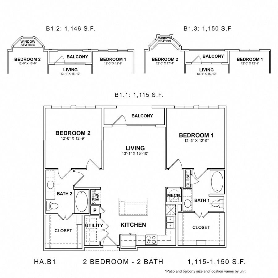 Rendering of the HA.B1 floor plan with 2 bedroom[s] and 2 bathroom[s] at Apartments at the Sound