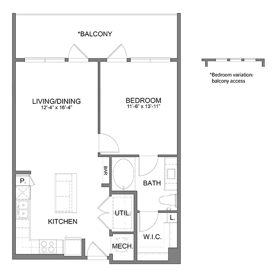 Rendering of the WH.A4.2 floor plan with 1 bedroom[s] and 1 bathroom[s] at Apartments at the Sound