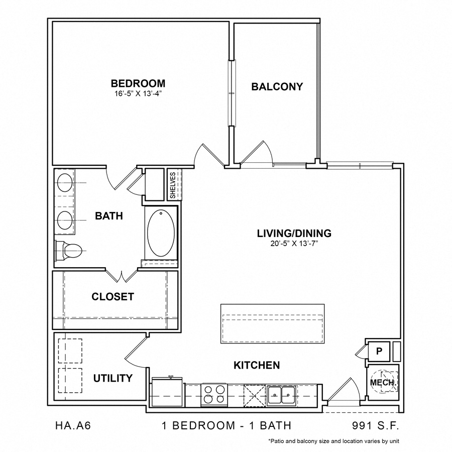 Rendering of the HA.A6 floor plan with 1 bedroom[s] and 1 bathroom[s] at Apartments at the Sound