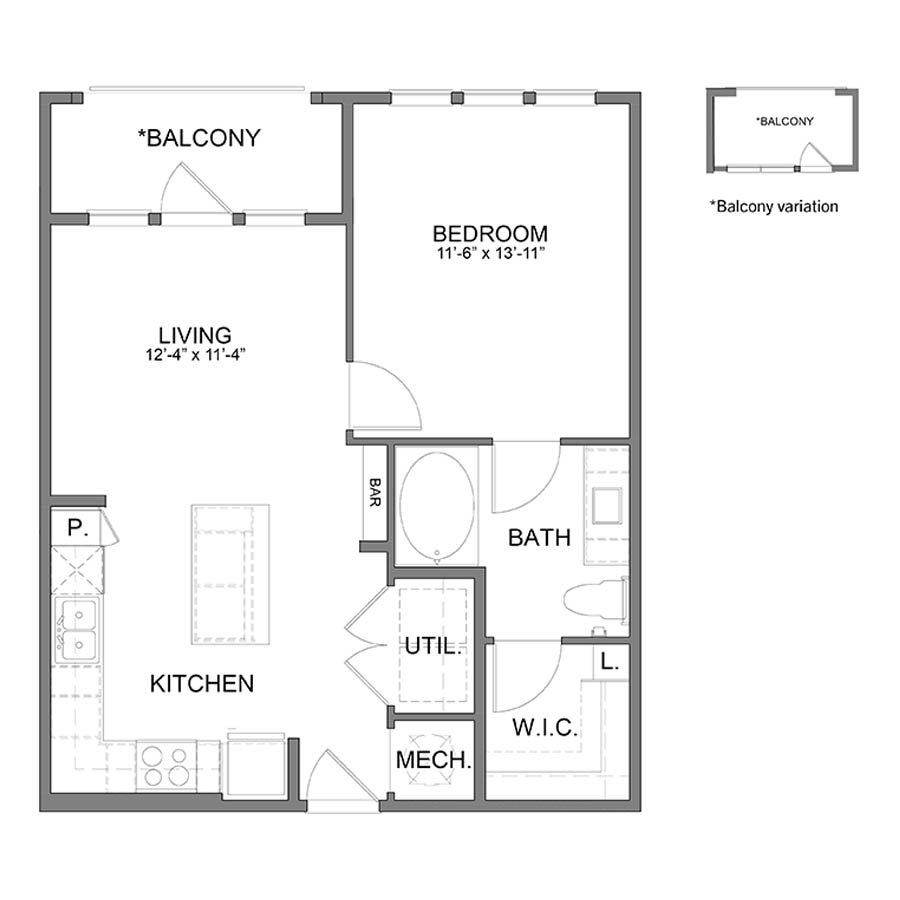 Rendering of the WH.A4.1 floor plan with 1 bedroom[s] and 1 bathroom[s] at Apartments at the Sound