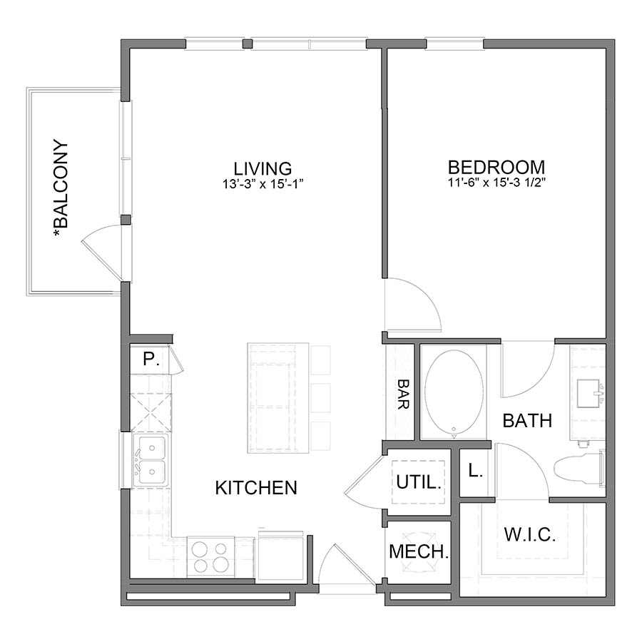 Rendering of the BL.A3.2 floor plan with 1 bedroom[s] and 1 bathroom[s] at Apartments at the Sound