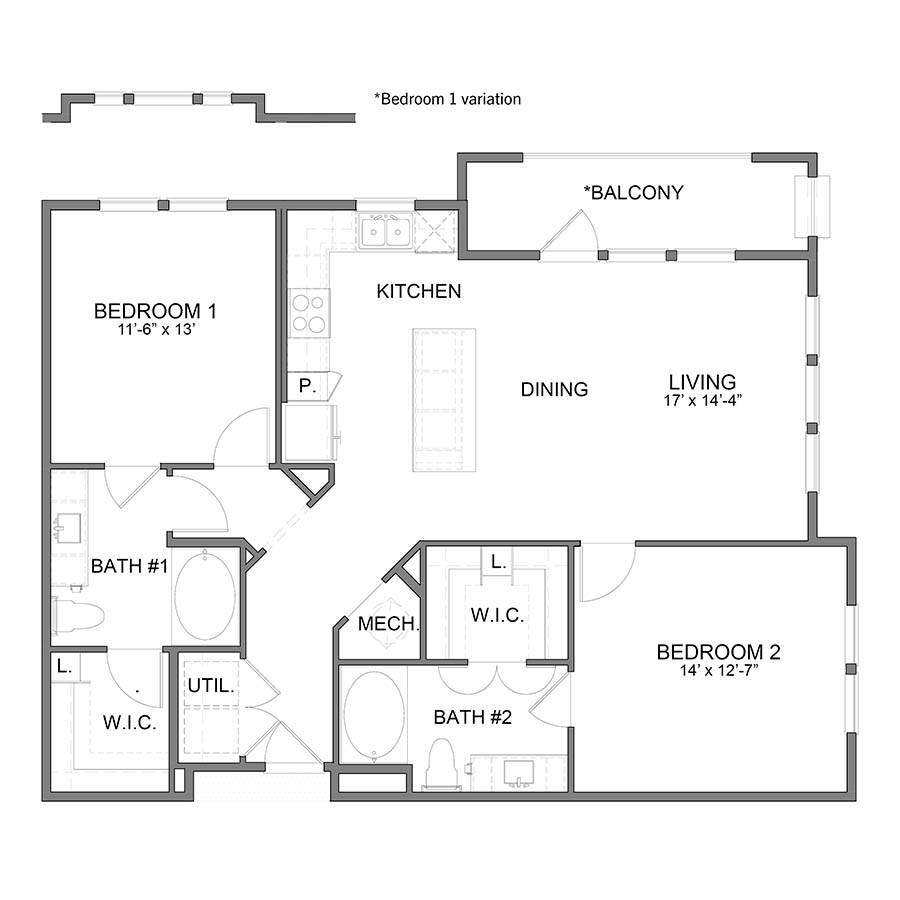 Rendering of the BL.B4.1 floor plan with 2 bedroom[s] and 2 bathroom[s] at Apartments at the Sound