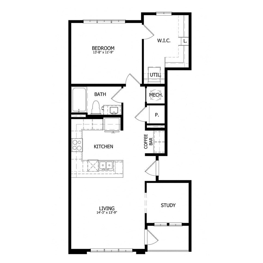 Rendering of the FL.A2 floor plan with 1 bedroom[s] and 1 bathroom[s] at Apartments at the Sound