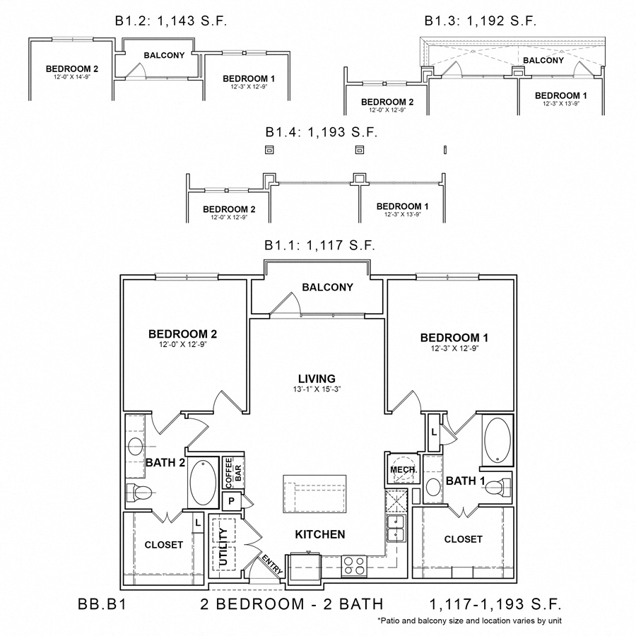 Rendering of the BB.B1 floor plan with 2 bedroom[s] and 2 bathroom[s] at Apartments at the Sound