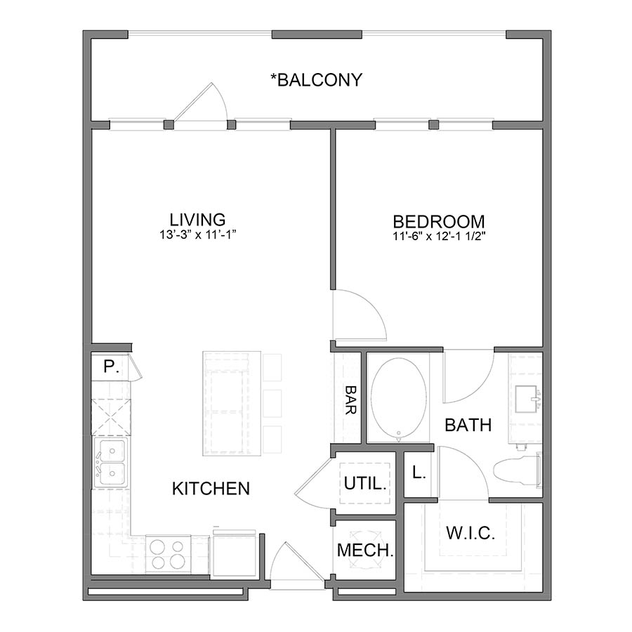 Rendering of the BL.A3.1 floor plan with 1 bedroom[s] and 1 bathroom[s] at Apartments at the Sound