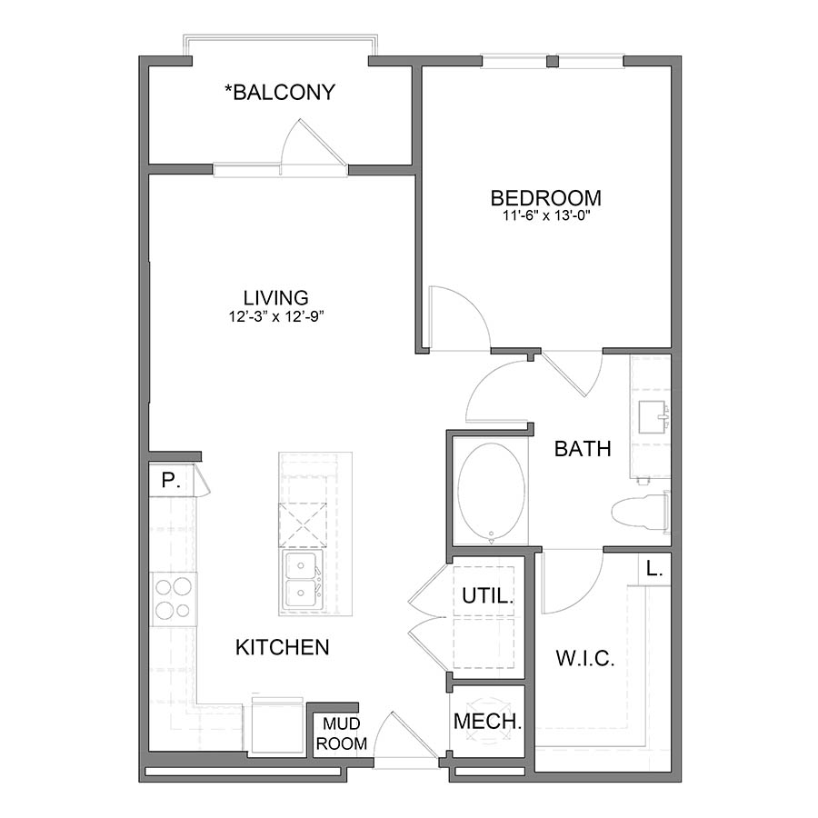 Rendering of the BL.A6 floor plan with 1 bedroom[s] and 1 bathroom[s] at Apartments at the Sound