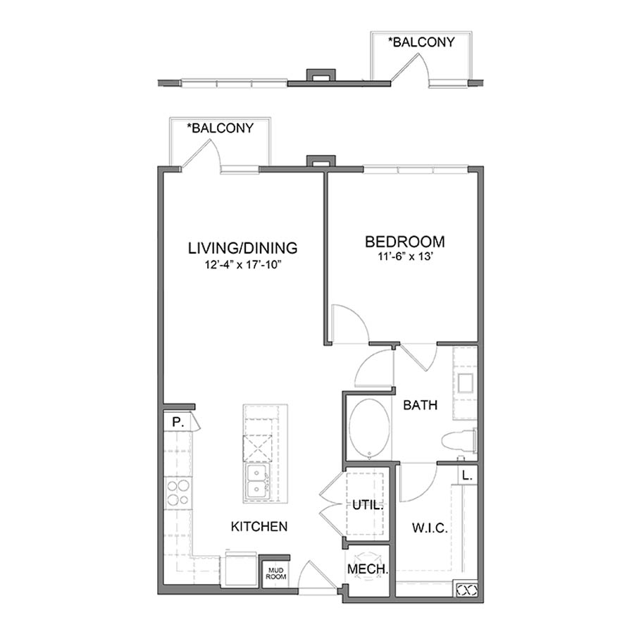 Rendering of the WH.A6.3 floor plan with 1 bedroom[s] and 1 bathroom[s] at Apartments at the Sound