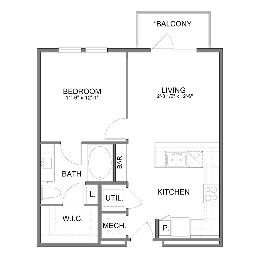 Rendering of the BL.A1 floor plan with 1 bedroom[s] and 1 bathroom[s] at Apartments at the Sound