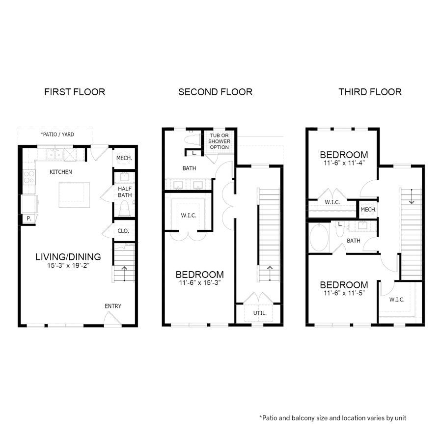 Rendering of the RO.THC1 floor plan with 3 bedroom[s] and 2.5 bathroom[s] at Apartments at the Sound