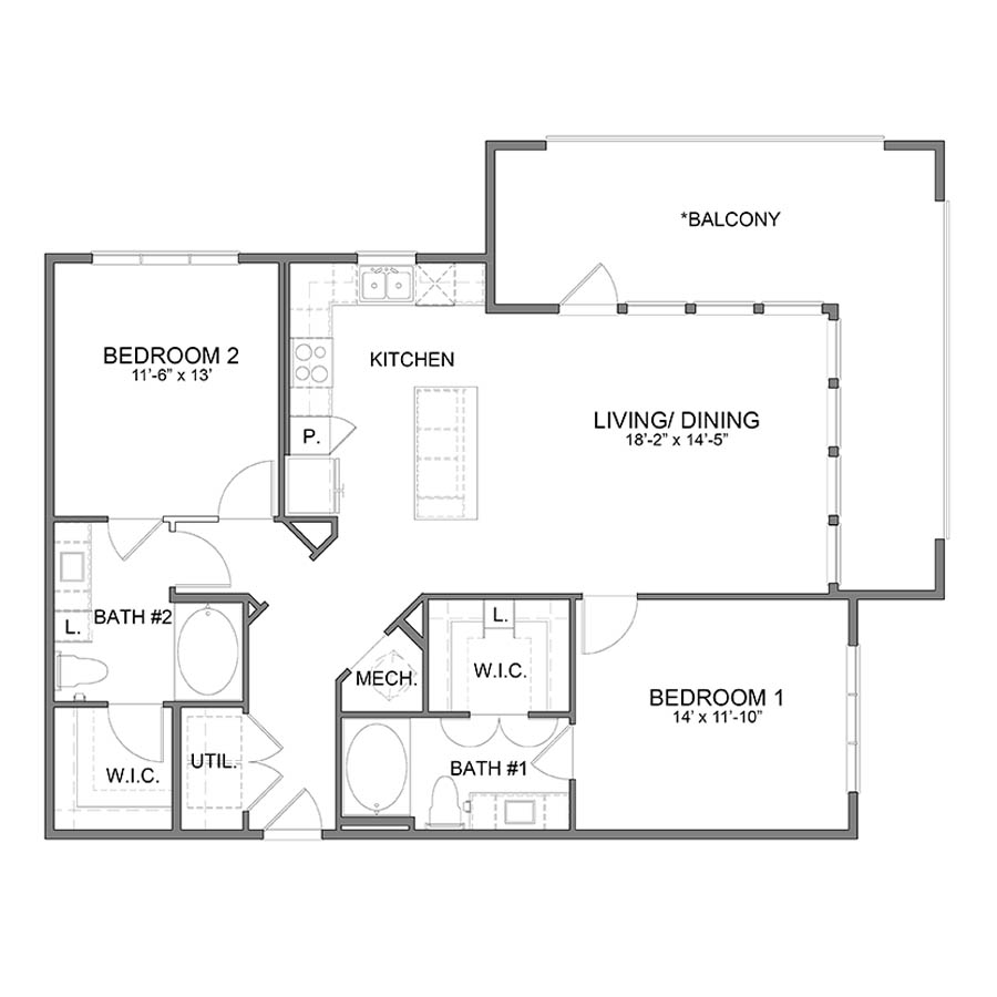 Rendering of the WH.B4 floor plan with 2 bedroom[s] and 2 bathroom[s] at Apartments at the Sound