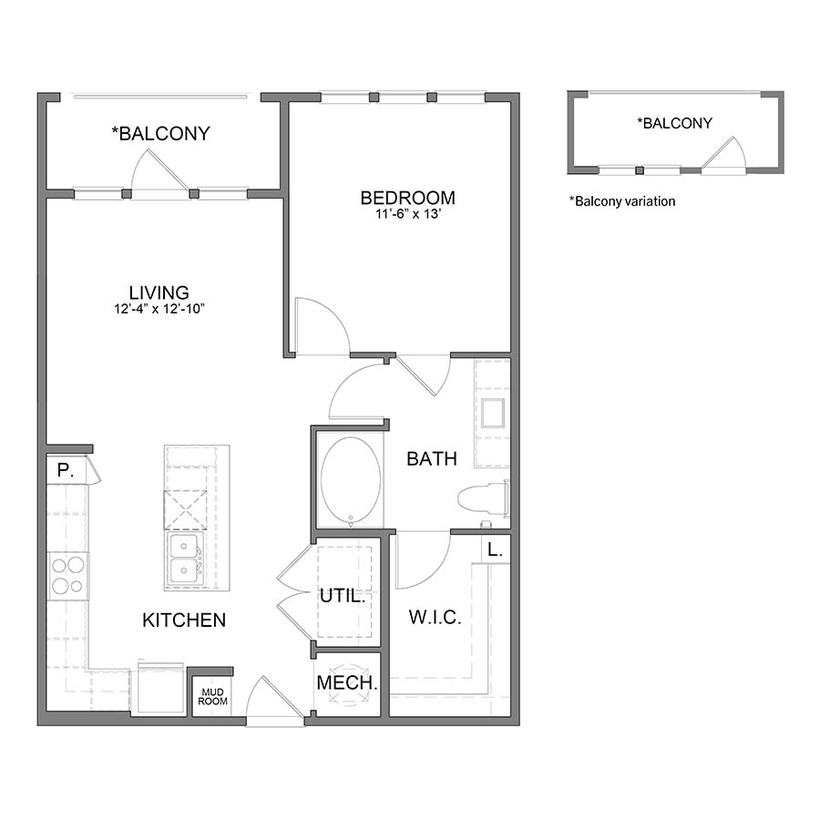 Rendering of the WH.A6.1 floor plan with 1 bedroom[s] and 1 bathroom[s] at Apartments at the Sound