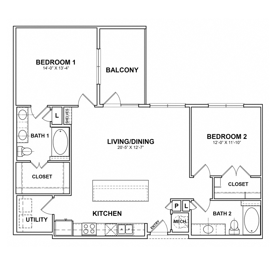 Rendering of the BB.B2 floor plan with 2 bedroom[s] and 2 bathroom[s] at Apartments at the Sound