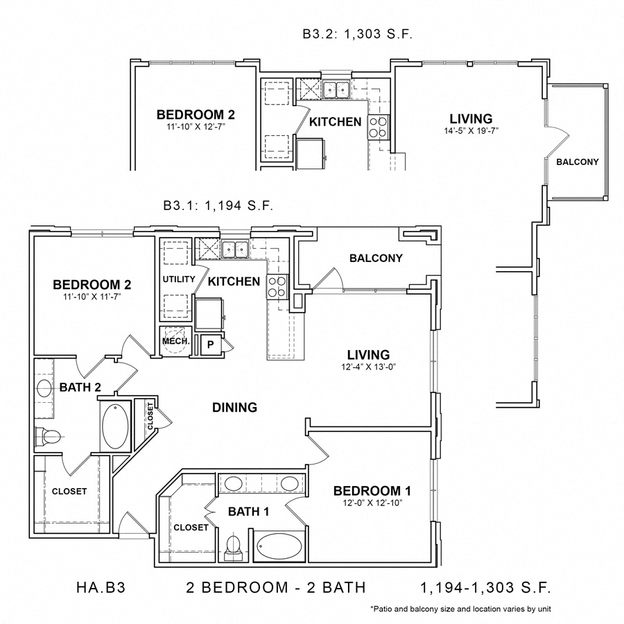 Rendering of the HA.B3 floor plan with 2 bedroom[s] and 2 bathroom[s] at Apartments at the Sound