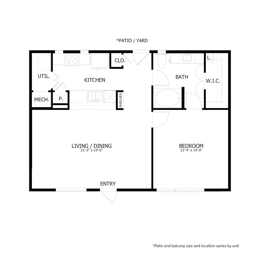 Rendering of the RO.A1 floor plan with 1 bedroom[s] and 1 bathroom[s] at Apartments at the Sound