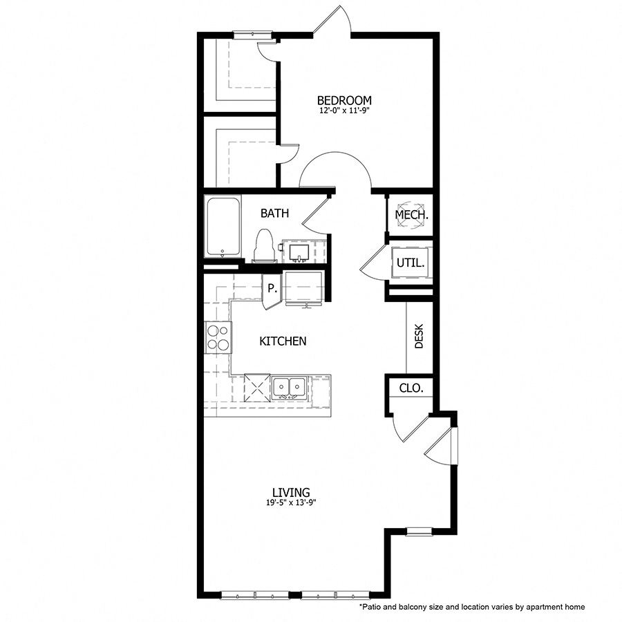 Rendering of the FL.A1 floor plan with 1 bedroom[s] and 1 bathroom[s] at Apartments at the Sound