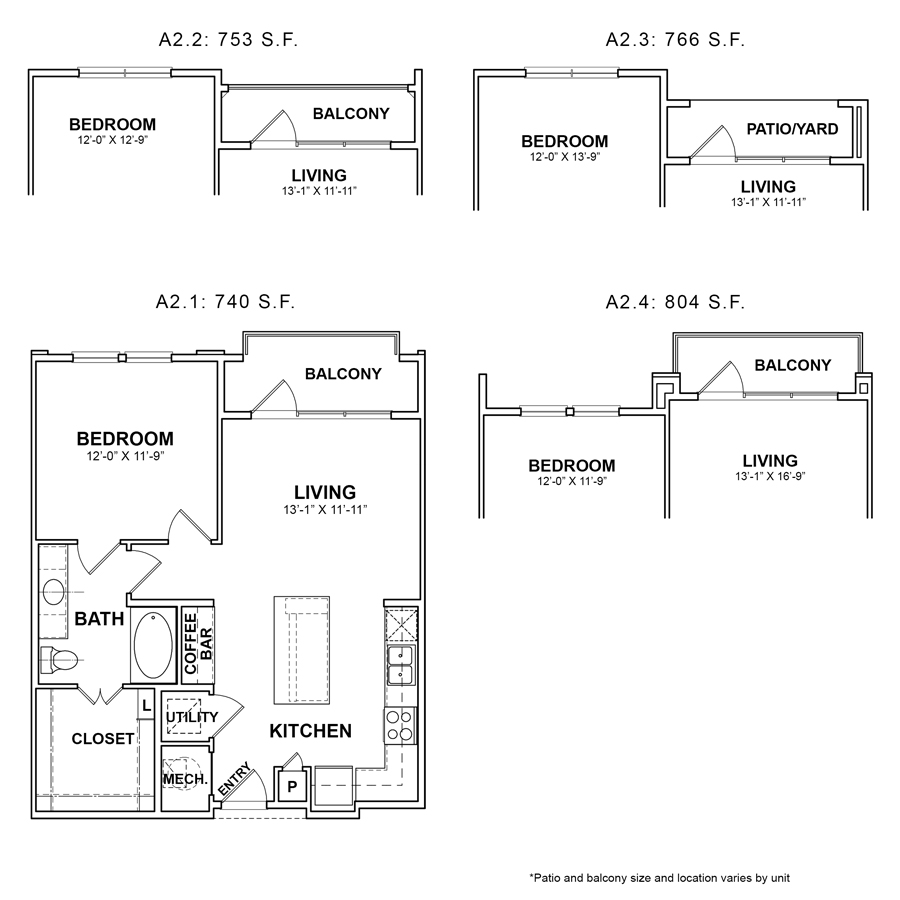 Rendering of the BB.A2.1 floor plan with 1 bedroom[s] and 1 bathroom[s] at Apartments at the Sound