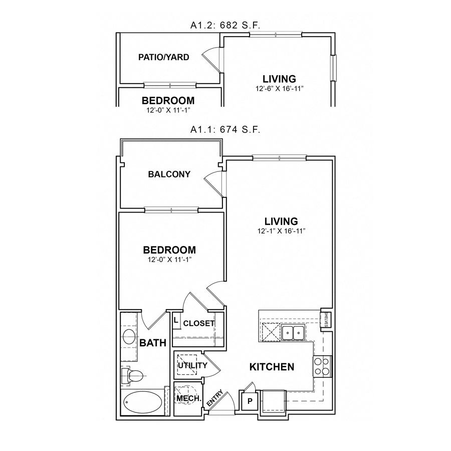 Rendering of the BB.A1 floor plan with 1 bedroom[s] and 1 bathroom[s] at Apartments at the Sound