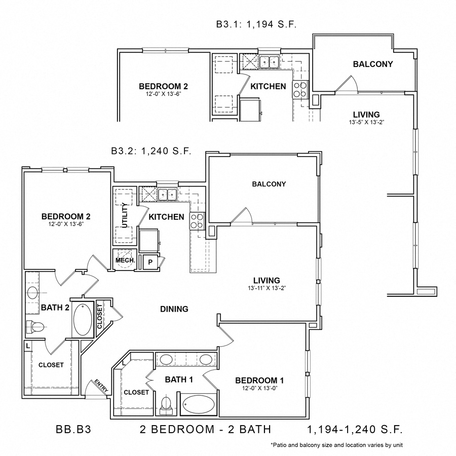 Rendering of the BB.B3 floor plan with 2 bedroom[s] and 2 bathroom[s] at Apartments at the Sound