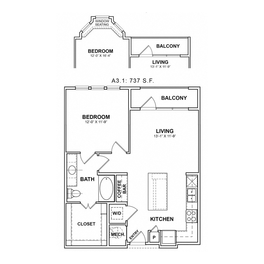 Rendering of the HA.A3 floor plan with 1 bedroom[s] and 1 bathroom[s] at Apartments at the Sound